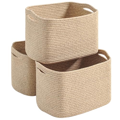 Storage Baskets for Organizing Shelves 14.8×11×9.5 Mixed Brown | Woven Cotton Rope Bins for Storage, Dog Toys, Cute Shelf Basket for Living Room Bedroom Bathroom Nursery, 3 Packs
