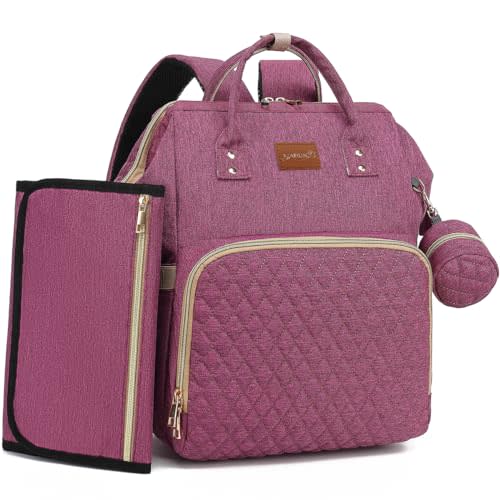 Diaper Bag Backpack with Changing Pad, Pacifier Case, Baby Bag for Boy Girl Toddler - Large, Stylish, Waterproof Travel Quilted Diaper Bag for Mom - Baby Shower - Purple