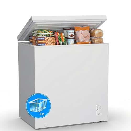 5.1 Cu.Ft Chest Freezer, Small Compact Deep Freezer with Adjustable 7 Thermostat,2 Removable Baskets, Energy Saving, Quiet Top Open Door Mini Meat Freezer with LED Light for Garage Outdoor Home Office