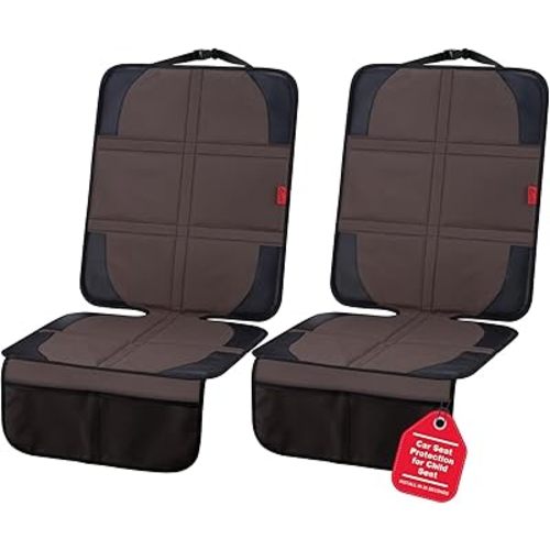 Car Seat Protector with Thick Padding + XL Large Car Seat Cover for Child Car seat, Eco Friendly Waterproof & Durable Fabric + 2 Storage Pockets Protect Fabric or Leather Seats 2Pack (Brown)