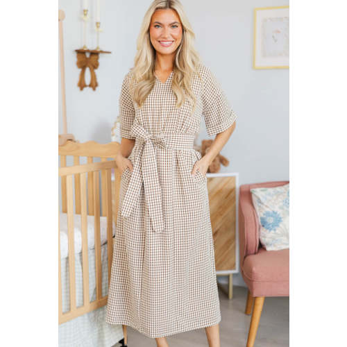 NURSING COLLECTION: Time Spent Well Brown Gingham Midi Dress