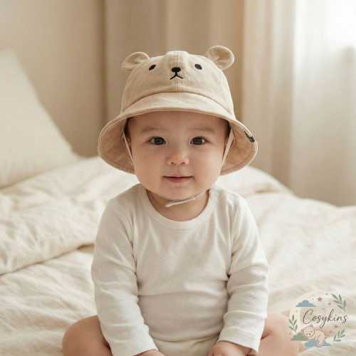 Baby Bucket Hat With Ears, Personalized Infant Cap, Summer Sun Hat, Newborn Clothes, Leather Patch Hat, Baby Gift