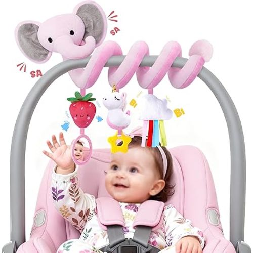 Spiral Car Seat Toys for Baby Girls 0-6 Months, Cute Pink Elephant Strawberry Stuff, Perfect Christmas Newborn Shower Gifts for Girls Essentials