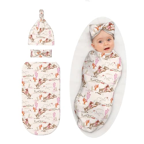 Western Baby Stuff Swaddle Blanket with Headband and Beanie Set, Western Style Blanket Infant Shower Gift for Boys Girls