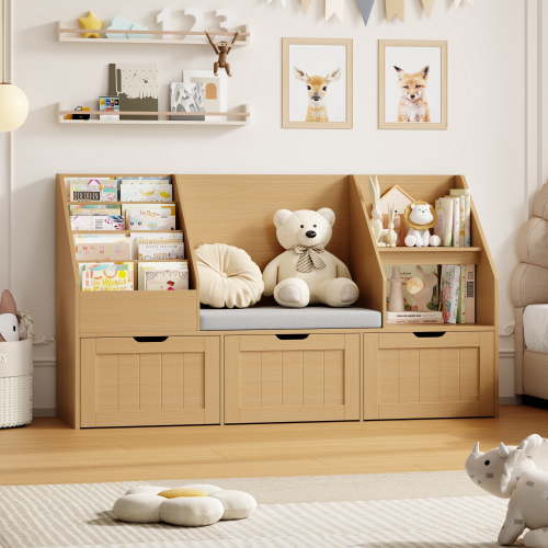 Homfa Kids Bookshelf with Reading Nook & 3 Movable Drawers, 2 Cube Bookcase with 4-Tier Book Racks, Toy Storage Organizer for Playroom Bedroom, Natural Color