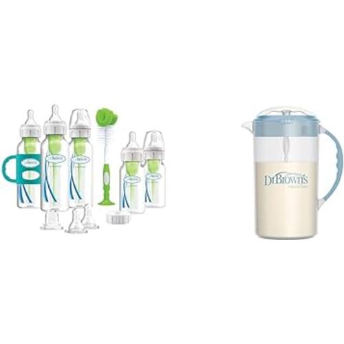 Dr. Brown's Natural Flow® Anti-Colic Options+™ Narrow Bottle to Sippy Gift Set & Baby Formula Mixing Pitcher with Adjustable Stopper, Locking Lid, & No Drip Spout, 32oz, BPA Free, Blue