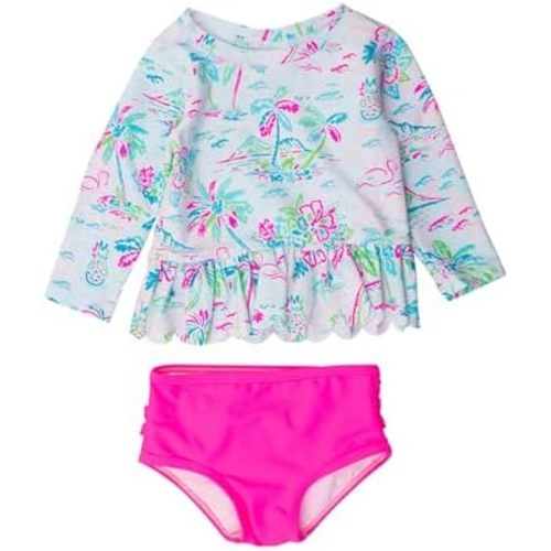 RuffleButts Baby/Toddler Girls Scalloped Long Sleeve Rash Guard 2-Piece UPF50+ Sun Protected Swimsuit