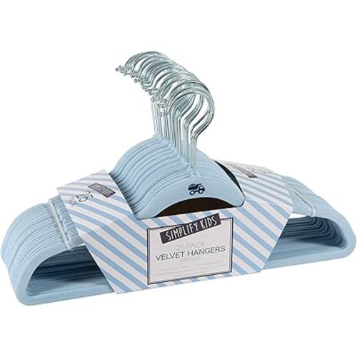 Simplify 25 Pack Kids Velvet Hangers | Slim | Non-Slip Design | Space Saving | Childrens Clothes | Shirts | Pants | Dresses | Baby Nursery | Closet Storage & Organization | Light Blue