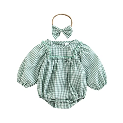 Douhoow Infant Baby Girl Plaid Romper Baby Sweatshirt Romper Ruffle Festival Clothes Fall Winter Outfits with Headband