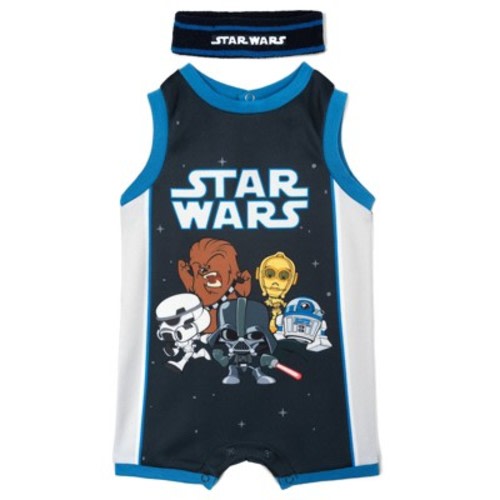 STAR WARS Infant Baby Boys Mesh Basketball Jersey Athletic Romper and Loop Terry Cloth Sweatband Headband Outfit Set Navy Blue 18 Months
