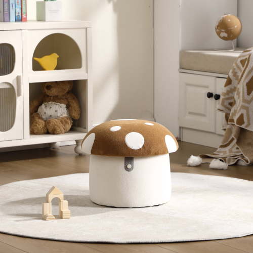 Guyou Cute Kids Storage Stool, Mushroom Shaped Upholstered Kids Reading Chair with Storage, Faux Fur Toddler Chair, Children's Shoe Changing Stool for Playroom Kindergarten Bedroom, Brown