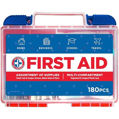 Be Smart Get Prepared 180 Piece First Aid Kit: Clean, Treat, Protect Minor Cuts, Scrapes. Home, Office, Car, School, Business, Travel, Emergency, Survival, Hunting, Outdoor, Camping & Sports, FSA HSA