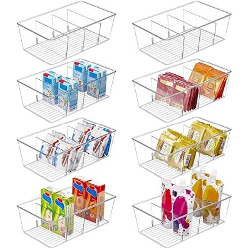 Vtopmart 8 Pack Food Storage Organizer Bins, Clear Plastic Bins for Pantry, Kitchen, Fridge, Cabinet Organization and Storage, 4 Compartment Holder for Packets, Snacks, Pouches, Spice Packets