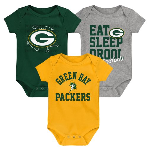 Green Bay Packers Newborn & Infant Three-Pack Eat, Sleep & Drool Retro Bodysuit Set - Green/Gold/Heather Gray