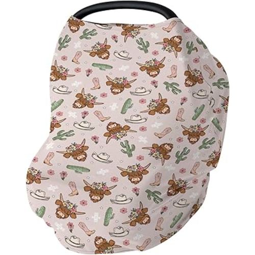 Highland Cows Cactus Car Seat Cover for Babies Pink Western Cowgirl Boots Hats Yak Floral Stretchy 5-in-1 Cover Adjustable Car Canopy Cover Wild West Country Breathable Nursing Cover-Up
