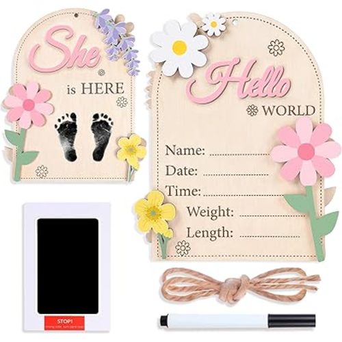 Capoda Baby Announcement Sign Hello World Newborn Sign She Is Here Name Board Wooden Birth Name Plaque Double-sided Spring Floral Newborn Welcome Board for Photo Prop Babies Shower Hospital Nursery