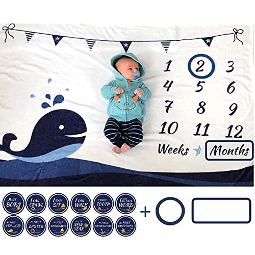 Baby Monthly Milestone Blanket with 12 Stickers, Large 60"x40" Infant Month Blankets Boy, Newborn Photography Background Mat Photo Prop, Nautical Whale Nursery Shower Gift, Growth Chart Tracker