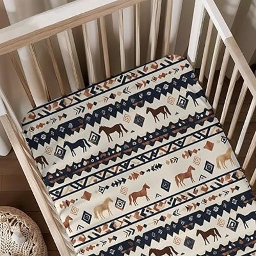 Native American Horse Pattern Baby Sheets for Crib, Unisex Western Horse Nursery Fitted Bed Sheet for Boys Girls Standard Crib and Toddler Mattress-28x52