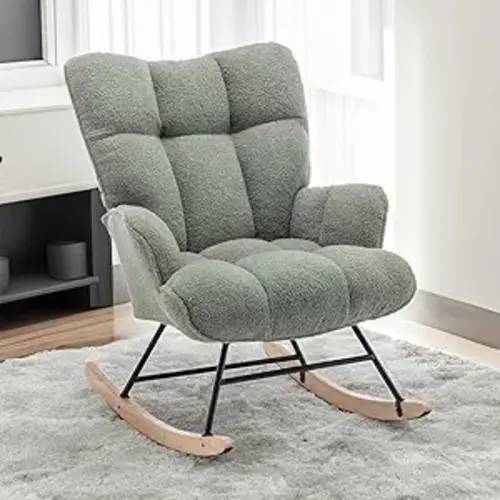 Rocking Chair Nursery Teddy, Upholstered Baby Fluffy Glider Rocker for Adults Indoor, Comfy Sherpa Compact Nursing Chairs for Small Spaces, Living Room, Classroom, Bedroom, Green