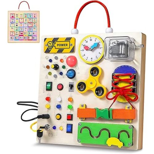 Busy Board Montessori Toys for 1 2 3 Years Old Toddler,Wooden Sensory Educational Fidget Board Toy with Led Light Up Switches & Music Boxes,Travel Toys for 1+ Year Old Boy & Girl Birthday Gift