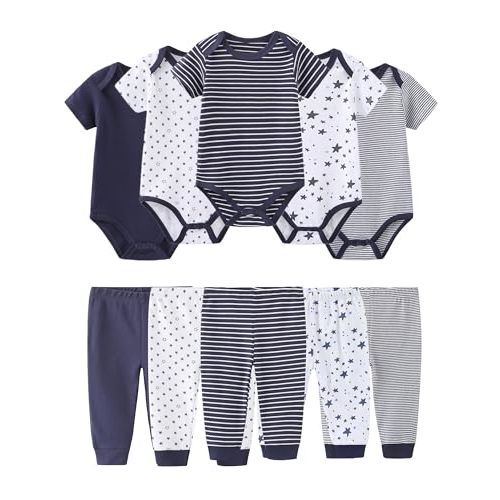 Baby Bodysuit and Pant Set Cotton Ribbed Mix Infant Girl Clothes | Unisex newborn summer outfits 10-pcs,neutral and sweet style mixed bundle gift clothing set
