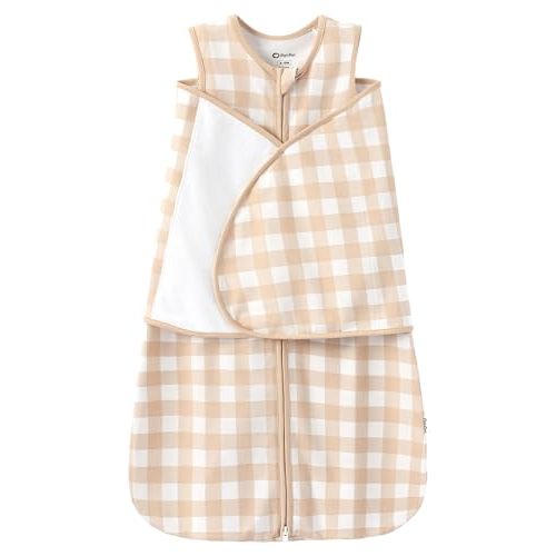 PATPAT Cotton Swaddle for Newborns, Soft Baby Wearable Blanket, Quiet Hook & Loop Closure, Easy Transition Design, 2-Way Zipper for Easy Diaper Changes, 0.5 TOG, Beige Gingham, 0-3 Months