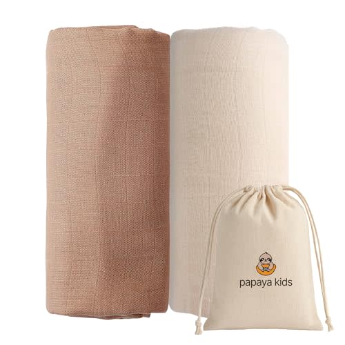Papaya Kids Muslin Swaddle Blankets for Newborns, Ivory White & Beige 2-Pack – Soft Viscose derived from Bamboo & Cotton Baby Blankets, 47x43, Breathable Receiving Blankets, Giftable Neutral Set