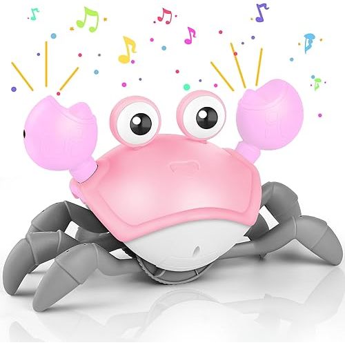 Crawling Crab Baby Toy, Tummy Time Girl Gifts for Babies 3-6 6-12 Month, Light-Up Walking Dancing Moving Crab with Music & Obstacle Avoidance, Rechargeable Musical Toys 1 Year Old Girls Gift (Pink)