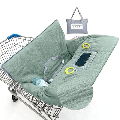 Muslin Shopping Cart Cover for Baby Soft & Breathable High Chair Covers for Restaurant Seat Grocery Cart Cover with Storage Pocket Machine Washable for Infant Toddler Boy Girl, Sage Green