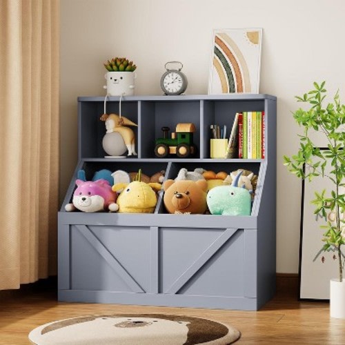 Acekool Kids Bookshelf and Toy Storage Organizer, Toy Cabinet with 3 Shelves, 2 Storage Boxes, for Playroom, Bedroom, Nursery, Vintage Gray