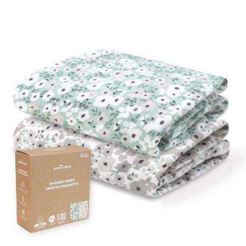The Peanutshell Sage, Taupe Floral Organic Cotton Bassinet Sheets for Baby Girls, 2 Pack