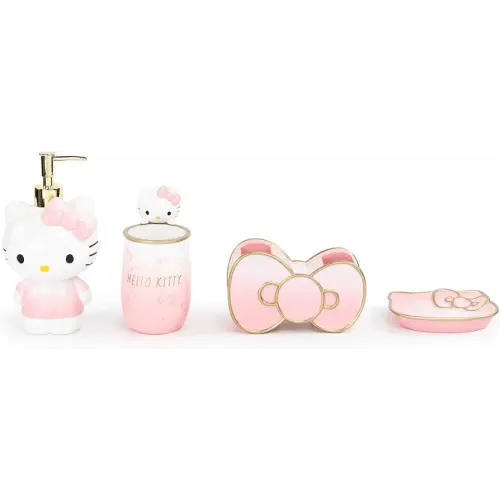 Jay Franco Hello Kitty Organizer Set - 4 Piece Pink Accessories Includes Resin Tumbler, Soap Dispenser, Soap Dish and Toothbrush Holder - Bathroom Décor