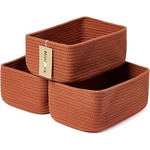Small Storage Baskets for Organizing | Closet Organizer Bins | Shelf Toy Basket | Woven Rope Baskets | Cube Decorative Box | Shallow Basket | 11.5x7.5x4.7” | 3 Packs Oxide Red