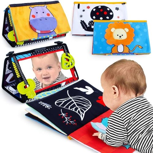 Tummy Time Sensory Toy Infant Toys Newborn High Contrast Development Toy with Crinkle Cloth Book & Teethers Strengthens Neck & Core, 2 3 4 5 0-6 Month Montessori Crawling & Visual Stimulation Toys