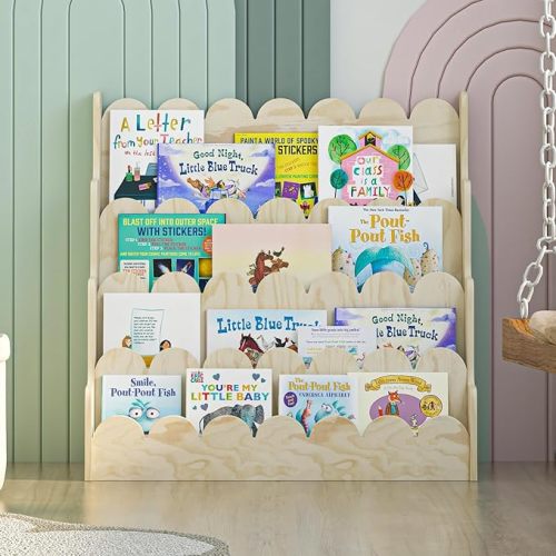 NACHES Wood Kids Bookshelf Scalloped Montessori Toddler Nursery Bookcase Baby Book Magazine Display Shelf 4 Tier Front Facing Children Book Rack Toy Organizer Girl Boy Bedroom Classroom Playroom