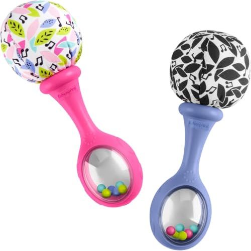 Fisher-Price Rattle ‘n Rock Maracas Set Baby Toys, Ages 3+ Months | 2 Baby Rattles with Soft Pom Poms, Pink & Purple, Gross Motor Skills, Sensory Development, Newborns