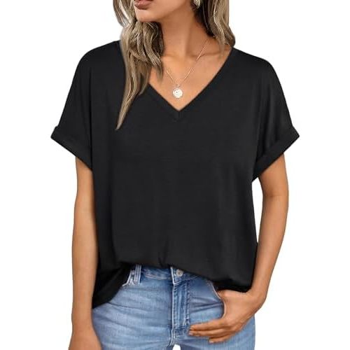 AUTOMET Women's Oversized V Neck Tshirts Casual Basic Short Sleeve Summer Tops Loose Fit 2025 Plain Tee Shirts