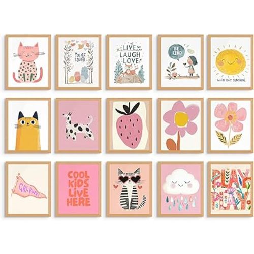BigWig Prints Eclectic Wall Art for Girls Bedroom - Toddler Room Decor for Girls, Floral Nursery Decor, Pink Aesthetic Wall Art, Inspirational Kids Room Poster Prints - Unframed Set of 15 (8x10”)