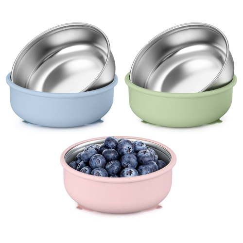 Vesteel Stainless Steel Kids Bowls with Suction, 3-Piece Suction Plates & Bowls for Toddlers, Removable Silicone Shell & Dishwasher Safe, Blue/Green/Pink