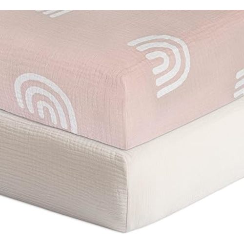Meracorallo Muslin Fitted Crib Sheets, 2 Pack Soft Breathable Cotton Baby Crib Sheet, Boho Neutral Crib Sheet for Standard Crib and Toddler Mattress 28"x52" (Rainbow & Fog)