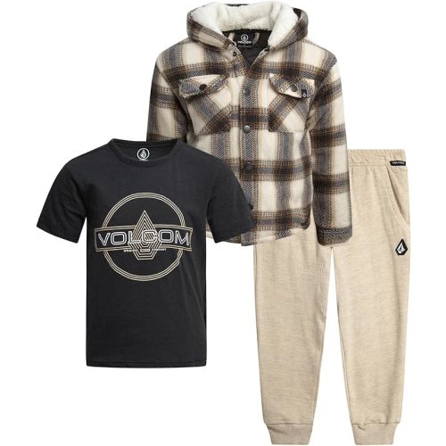 Volcom Baby Boys Pants Set - 3 Piece Sherpa Lined Soft Fleece Shacket Short Sleeve Graphic Tee & French Terry Jogger Pants