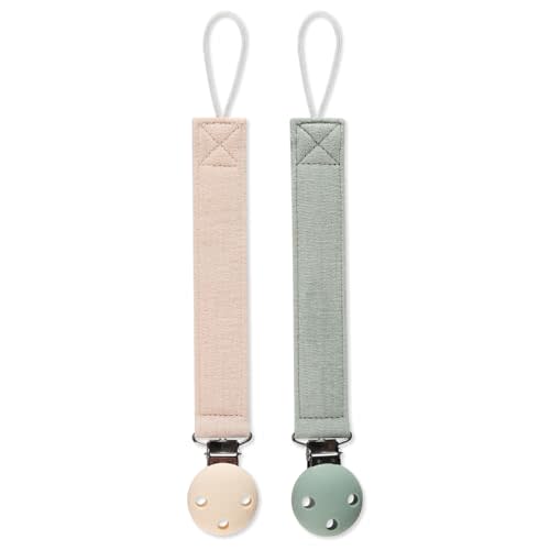 Dirbabi Pacifier Clip Holder for Baby Boy and Girl, Soft Pure Cotton Fabric Paci Binky Clips Fits for Most Pacifier Teethers & Small Toys in Place (Moody Blue+Milk White)