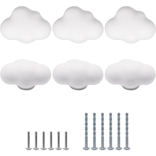6pcs Ceramic Cabinet Knobs, Cloud Shape Pink Drawer Knobs, Unique Cute Pink Drawer Pulls Handles Nursery Dresser Knob for Kitchen Room Cupboard Closet Vanity Decorative (White Cloud)