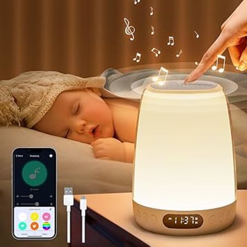 Sound Machine Baby Night Light, Touch/APP Wake Up Smart Alarm Clock for Kids Lamp,48 RGB Colors Baby Night Light for Nursery Lamp,14 White Noise&Bluetooth Nursery Night Light,Dimmable Night Light Lamp