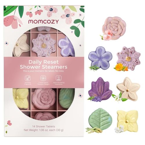 Momcozy Shower Steamers 14 Pack-7 Unique Shapes & Floral Scents, Long Lasting Fragrance, Gentle Formula, Perfect Travel & Gift Idea for Home Spa Relaxation