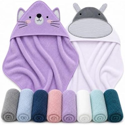Cute Castle 2 Pack Hooded Baby Towel Rayon Made from Bamboo with 8 Washcloths - Soft Bath Towel for Bathtub for Babie, Newborn, Infant, Natural Baby Stuff Towel (Hippo and Cat)