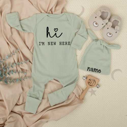 Hi I'm new here outfit, Baby bodysuit and hat set, Gender Neutral long sleeve, new baby coming soon, Announcement, Hello World, Newborn