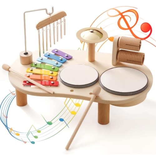 Promise Babe Wooden Drum Set for Toddlers 1-3, Musical Percussion Instruments for Kids Baby Drum Set Xylophone, Montessori Educational Musical Toys for Girls Boys Ages 3+