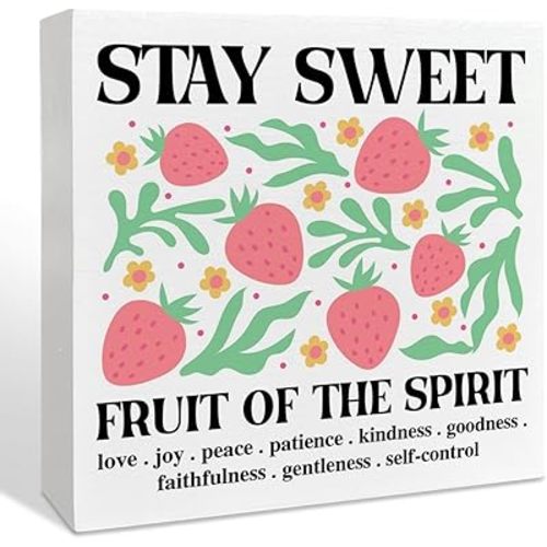 NKBINLILI Boho Christian Strawberry Desk Wood Box Sign Home Office Decor, Fruits of The Spirit Bible Verse Jesus Floral Wooden Box Sign Decorations for Home Office, Christian Gifts for Women Men