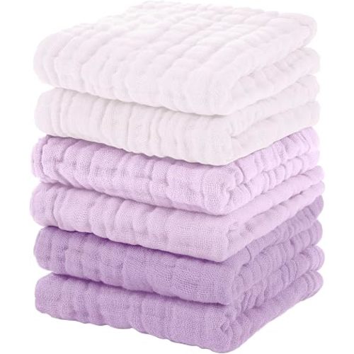 Unnivoll Muslin Burp Cloths Baby 12''X12'', Baby Washcloths 6 Pack, 100% Cotton Baby Wash Cloths Absorbent and Soft for Newborn Infants Kids Boys Girls - Gradient Purple